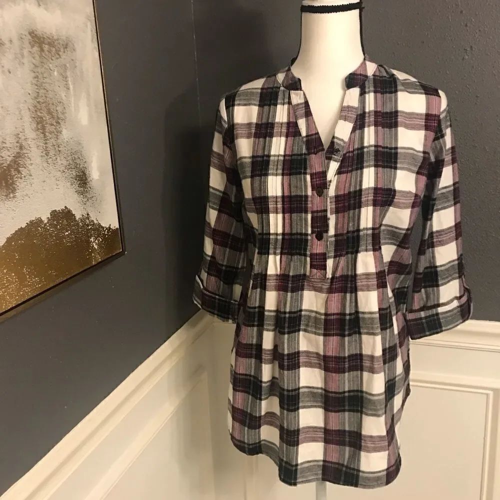 Cato button front plaid pin tucked blouse